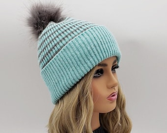 Handmade Mint Green Wool Pompom Beanie: Knit Cuffed Winter Hat