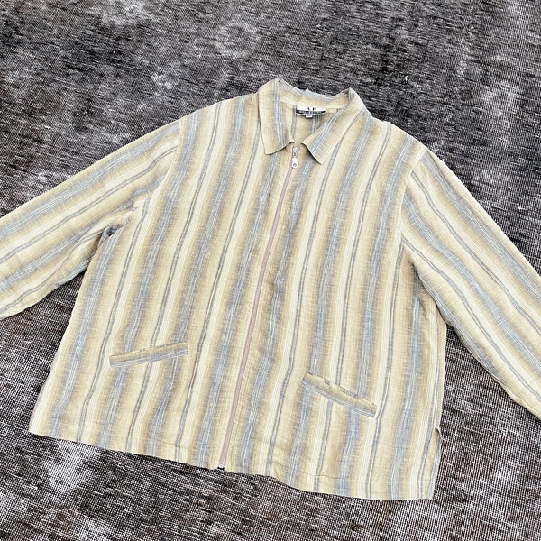 Vintage A.P. Collection California green yellow plaid striped linen Shirt Jacket Size 2X