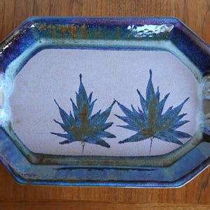Hand Made Ceramic Platter Tray Signed By Pearsall Maple Leaves Blue Green ~ 15"