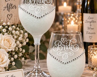 BRIDE and Heart Wedding Day Handmade Wine Glass- Choose your color, Stem or Stemless