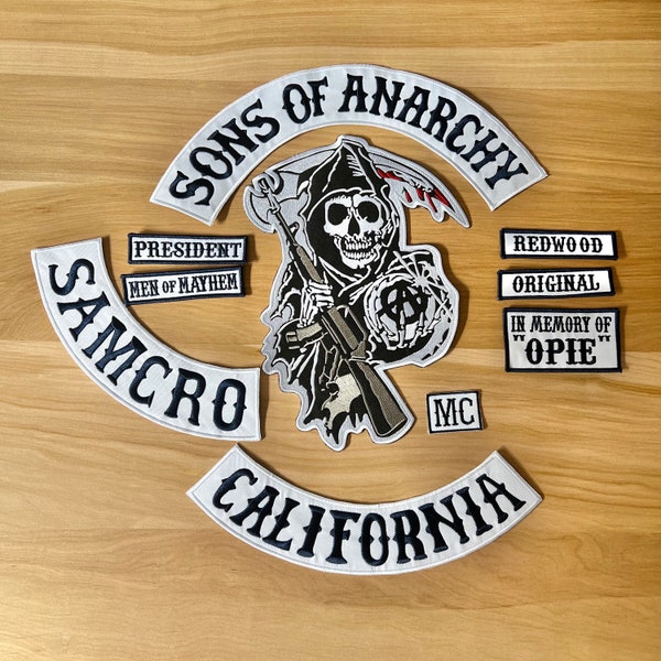 Sons Of Anarchy Jax Teller Gilet en Cuir Patchs Brodés Ensemble Fer Sur Coudre Badge DIY Prop Costume Uniforme Samcro SOA Men Of Mayhem MC Opie