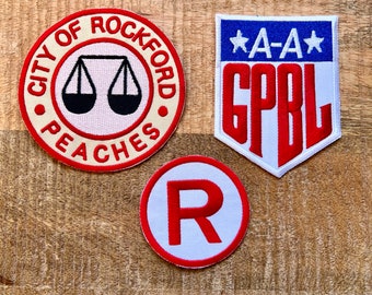 Une ligue hors du commun Rockford Peaches Uniform Patchs Set Brodé Fer Sur Coudre Badge DIY Prop Jimmy Dugan Dottie Hinson All The Way Mae
