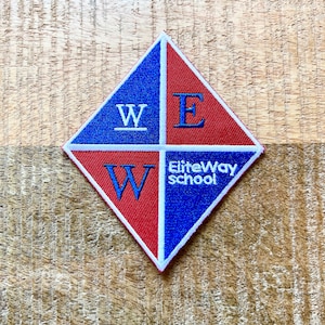 May include: A red and blue diamond-shaped patch with the words "EliteWay School" and "W" and "E" in white.