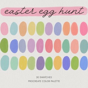 May include: A digital art piece featuring a pastel color palette of 30 egg-shaped swatches. The words "easter egg hunt" are written in cursive above the swatches. The text "30 swatches" and "procreate color palette" are below the swatches.