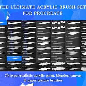 May include: A set of 70 digital acrylic paint, blender, canvas, and paper texture brushes for Procreate. The brushes are displayed in rows on a black background with white brush strokes.