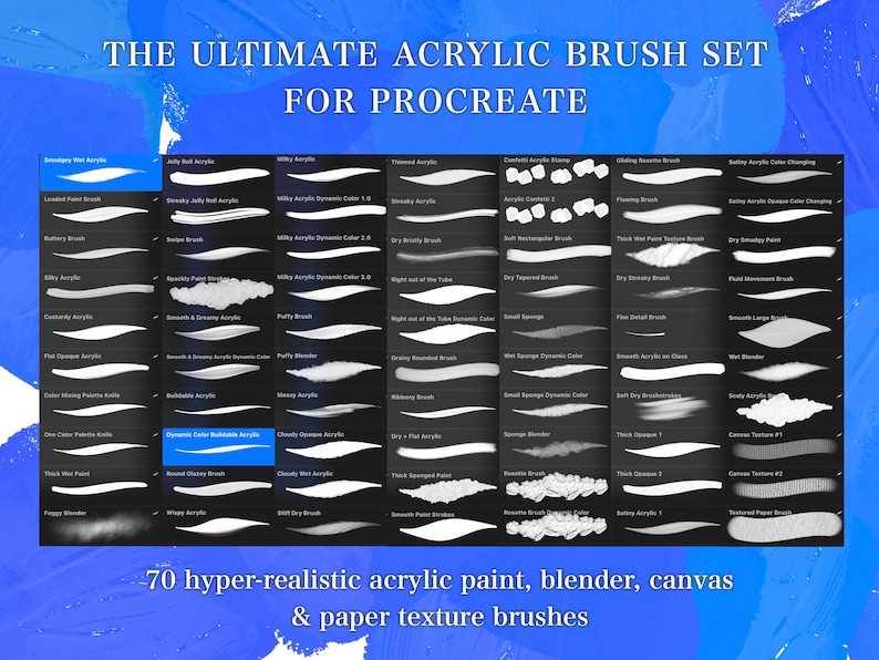 May include: A set of 70 digital acrylic paint, blender, canvas, and paper texture brushes for Procreate. The brushes are displayed in rows on a black background with white brush strokes.