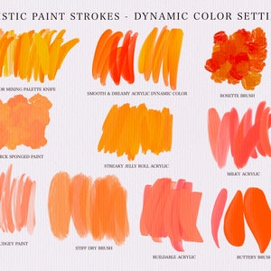 May include: A chart showing different paint stroke styles and their corresponding names. The paint strokes are in shades of orange, yellow, and red. The names include "Color Mixing Palette Knife", "Thick Sponged Paint", "Wet Smudgy Paint", "Smooth & Dreamy Acrylic Dynamic Color", "Streaky Jelly Roll Acrylic", "Stiff Dry Brush", "Rosette Brush", "Milky Acrylic", "Buildable Acrylic", and "Buttery Brush".