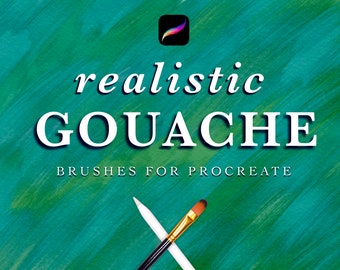 May include: A set of realistic gouache brushes for Procreate, shown on a teal green background with two brushes crossed over each other.