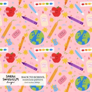 May include: A pink seamless pattern featuring school supplies. The design includes apples with wings, pencils, crayons, paint palettes, globes, erasers, glue bottles, and stars. The text "BACK TO SCHOOL" is also present.