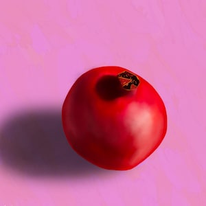 May include: A single, ripe red pomegranate with a brown stem on a pink background.