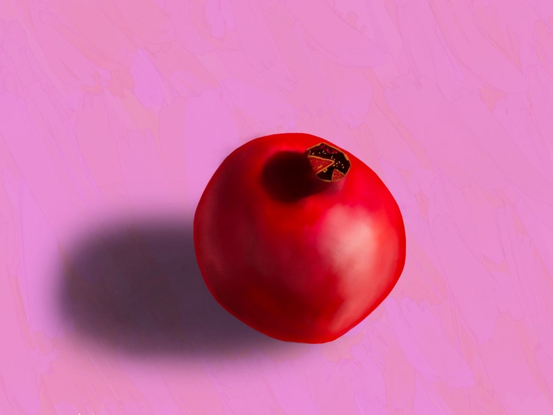 May include: A single, ripe red pomegranate with a brown stem on a pink background.