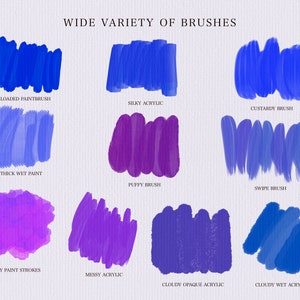 May include: A visual guide to different brushstrokes, showing the effects of various brush types. The brushstrokes are painted in shades of blue, purple, and pink on a textured white background. The names of each brushstroke are listed below the corresponding sample.