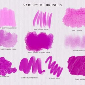 May include: A variety of brush strokes in pink and purple colors, showing different brush types, including soft rectangular, dry tapered, small sponge, wet sponge dynamic color, sponge blender, rosette, gliding rosette, flowing, and thick wet paint.