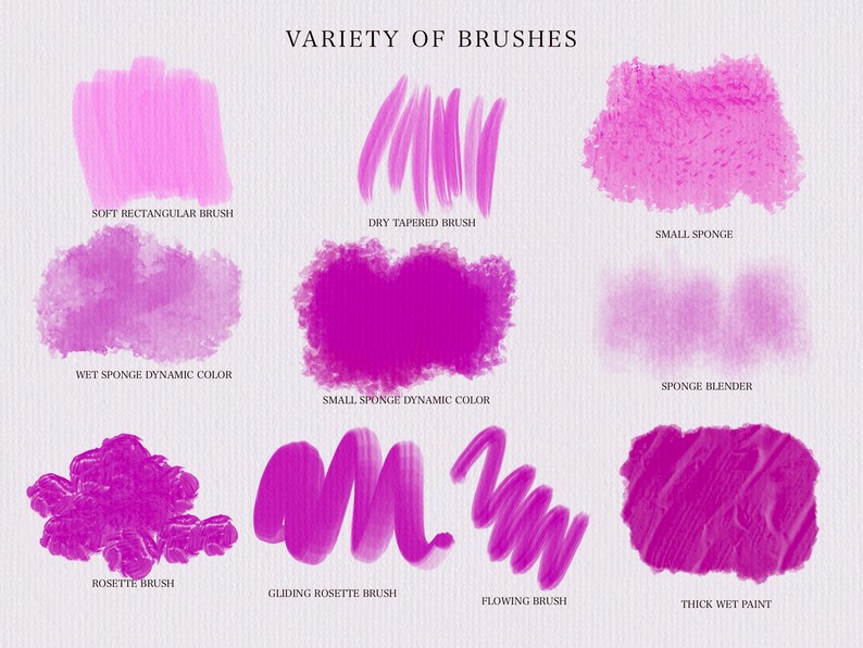 May include: A variety of brush strokes in pink and purple colors, showing different brush types, including soft rectangular, dry tapered, small sponge, wet sponge dynamic color, sponge blender, rosette, gliding rosette, flowing, and thick wet paint.