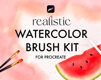 May include: A watercolor brush kit for Procreate, featuring a pink and white watercolor background with two paintbrushes and a slice of watermelon. The text "realistic WATERCOLOR BRUSH KIT FOR PROCREATE" is displayed in black.