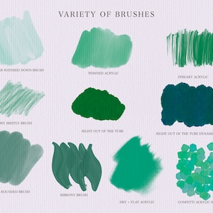 May include: A chart showing different brushstrokes created with various paint brushes. The brushstrokes are labeled with the type of brush used, such as "Super Watered Down Brush", "Thinned Acrylic", "Streaky Acrylic", "Dry Bristly Brush", "Right Out of the Tube", "Right Out of the Tube Dynamic Color", "Grainy Rounded Brush", "Ribbony Brush", "Dry Flat Acrylic", and "Confetti Acrylic Brush".