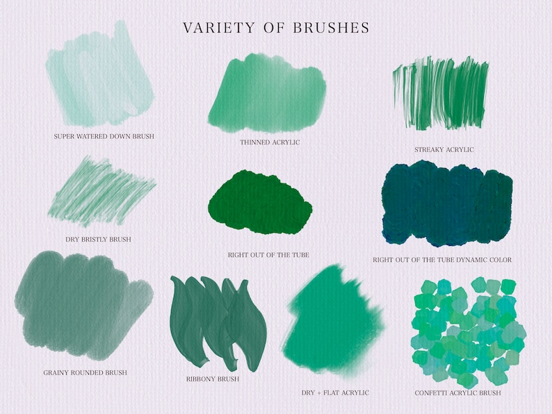 May include: A chart showing different brushstrokes created with various paint brushes. The brushstrokes are labeled with the type of brush used, such as "Super Watered Down Brush", "Thinned Acrylic", "Streaky Acrylic", "Dry Bristly Brush", "Right Out of the Tube", "Right Out of the Tube Dynamic Color", "Grainy Rounded Brush", "Ribbony Brush", "Dry Flat Acrylic", and "Confetti Acrylic Brush".