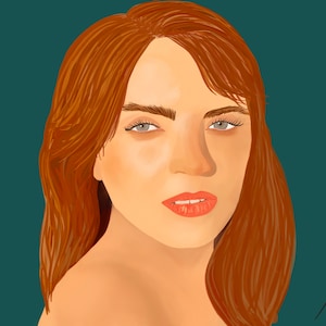 May include: A digital illustration of a woman with long, wavy, auburn hair. She has light brown eyes and is wearing light pink lipstick. The background is a dark teal color.