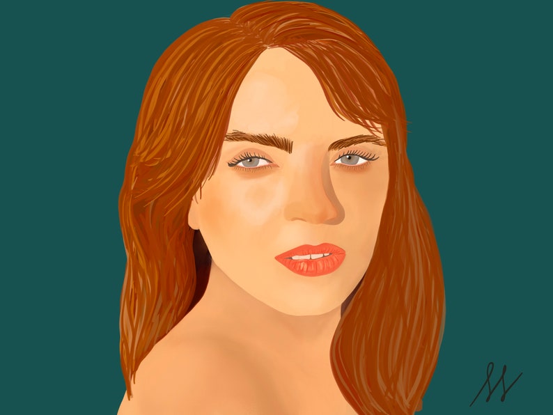 May include: A digital illustration of a woman with long, wavy, auburn hair. She has light brown eyes and is wearing light pink lipstick. The background is a dark teal color.