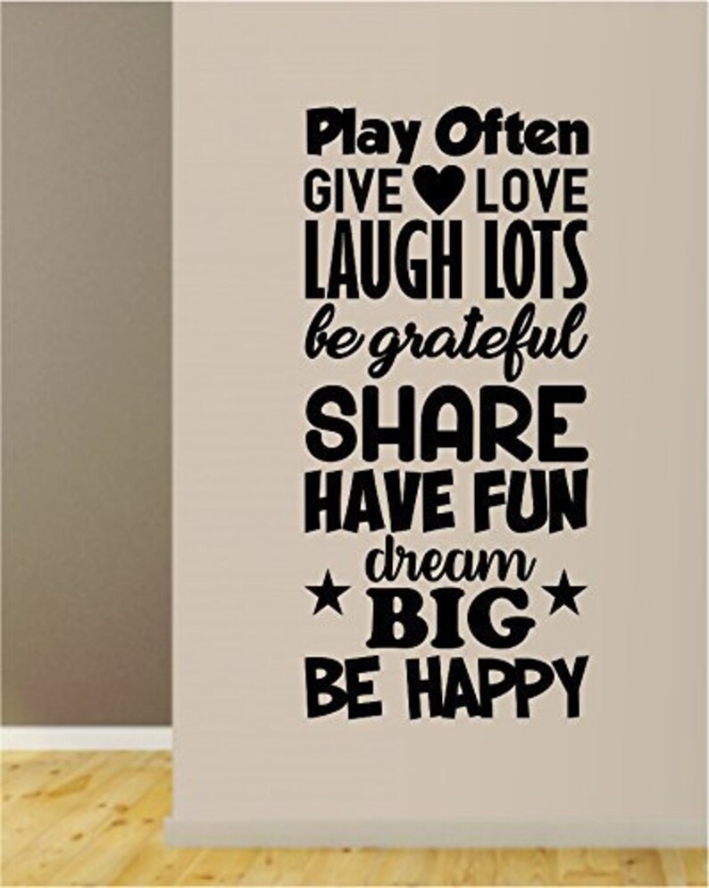 Play Often Give Love Laugh Lots Decal Sticker Wall Vinyl Art Home Decor Teen Quote Inspirational Nursery Kids School Baby Boy Girl Playroom