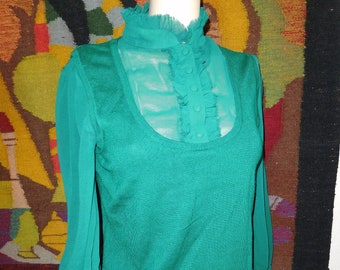 Green English Top/Woven Green Sleeves 2 in 1/Debenhams/Flexible Blouse/Vintage US 12