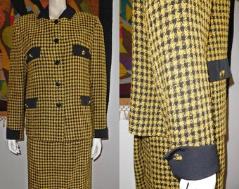 Womens Wool Suit/Blazer and Skirt/Yellow and Black Cube/Elegant Fashion Vintage