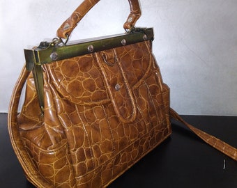 Metal Frame Handbag/Faux Crocodile Handbag/Luxury Vintage