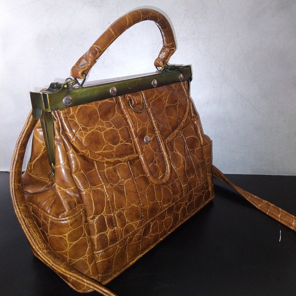 Metal Frame Handbag/Faux Crocodile Handbag/Luxury Vintage