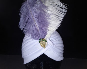Vintage Turban with Rhinestone Brooch and Feather