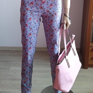 Narrow Elastic Pants/Blue with Flowers