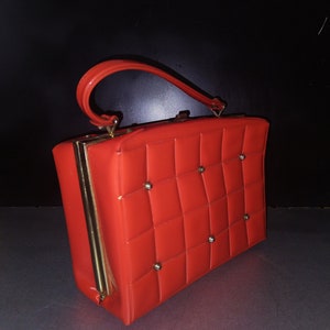 Vintage French Lacquered Red Handbag/Metal Frame Bag/around 1970s