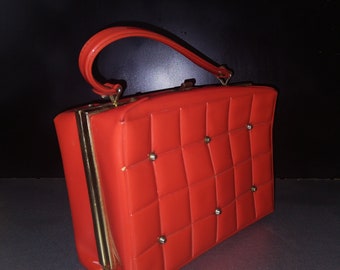 Vintage French Lacquered Red Handbag/Metal Frame Bag/around 1970s