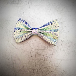 Könnte beinhalten: Eine regenbogenfarbene blaue und grüne Fliege mit geometrischem Muster.