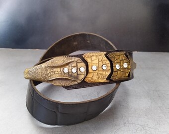 French Vintage Leather and Metal Snake Belt Unisex 80 display picture 2