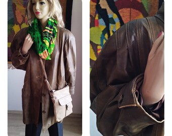 Real Leather Brown Coat/Vintage Long Coat