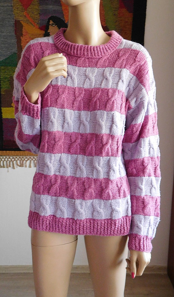 50/% SUMMER SALE Vintage 60s Pastel Lavender Purple Pocket Ribbed Knitted Minimal Boatneck Long Sleeve Thick Sweater Top Blouse Sz Large