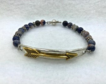 Arrow Bracelet, Gemstone Bracelet, Sodalite Gems, Orange Sodalite, Magnetic Closure, Memory Wire, Gold Arrow, Unisex Bracelet, Arrow Jewelry