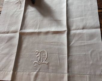 Linen monogrammed hand towel “N” vintage cotton tea towel antique white