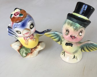Vintage Bluebird salt and pepper shakers Lefton Norcrest Made in Japan with rhinestone eyes 1950s