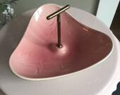 Mid century Modern Pink and Gray Rooster serving platter with brass handle triangle shape 1960s decor