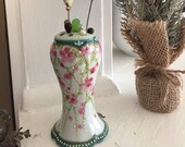Antique French Handpainted Porcelain Hatpin holder with Moriage and eight hat pins