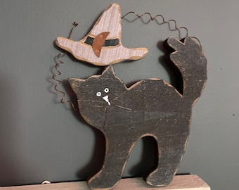 Houten zwarte kat Halloweendecor Volkskunst 3 beschikbaar