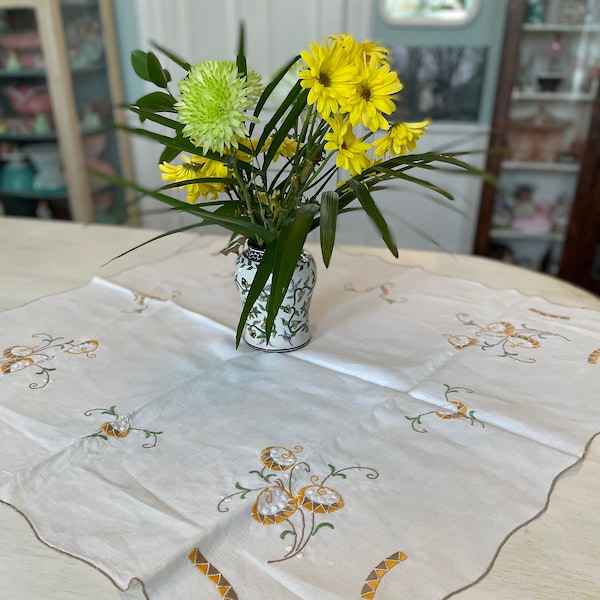 Vintage linen square tablecloth with embroidered gold flowers arts and craft era