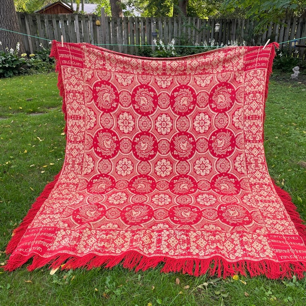 Antique Woven wool blanket Colonial Era Morning Glory Primitive Homespun  Red and white coverlet