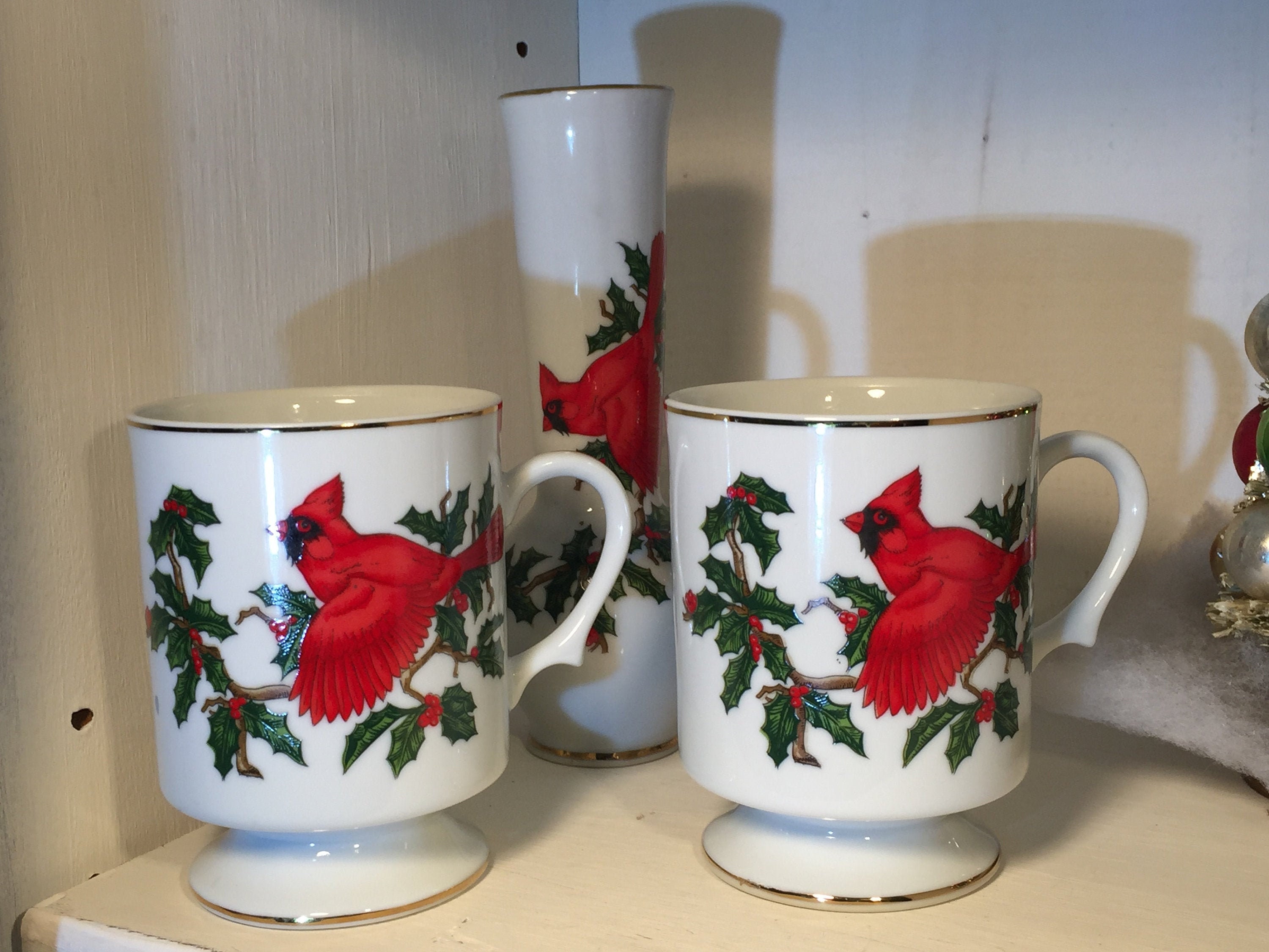 Lefton Cardinal Birds and Holly Christmas mugs and bud vase Made in Japan 1970s