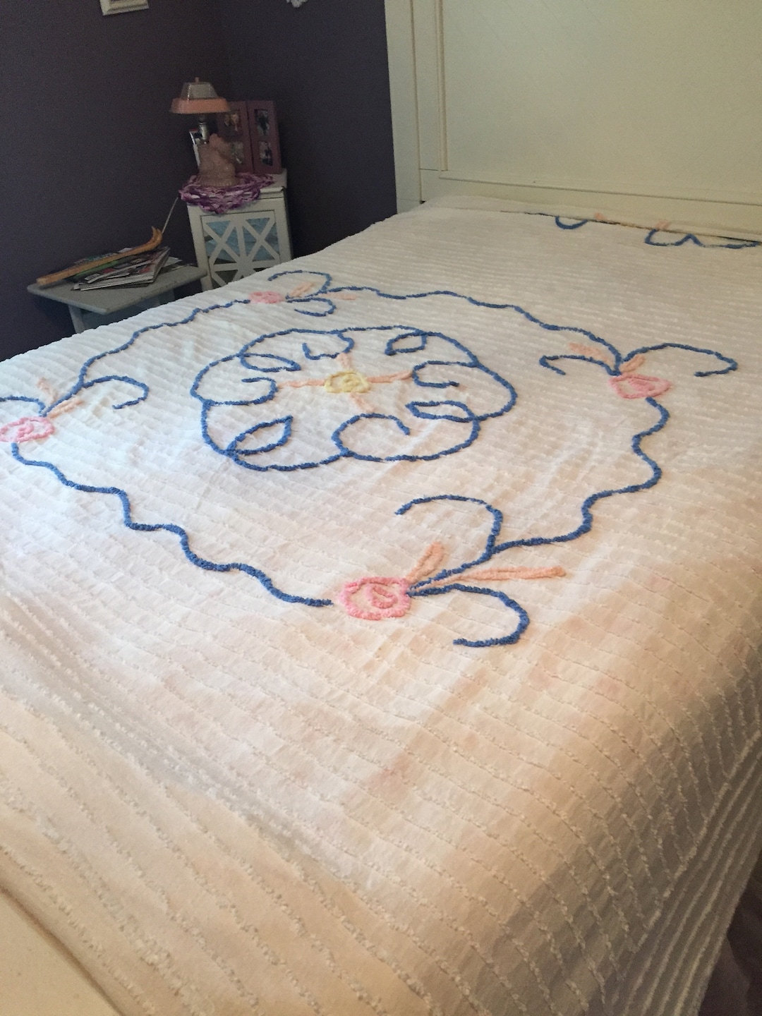 Vintage Chenille Bedspread Queen Size Pink and Blue Floral on White