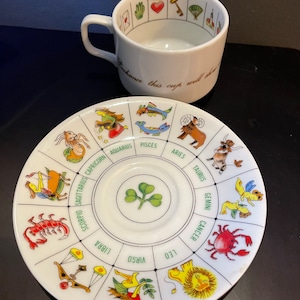 Vintage Horóscopo Zodíaco Hoja de Té leyendo Taza y Platillo Astrología Tasseografía