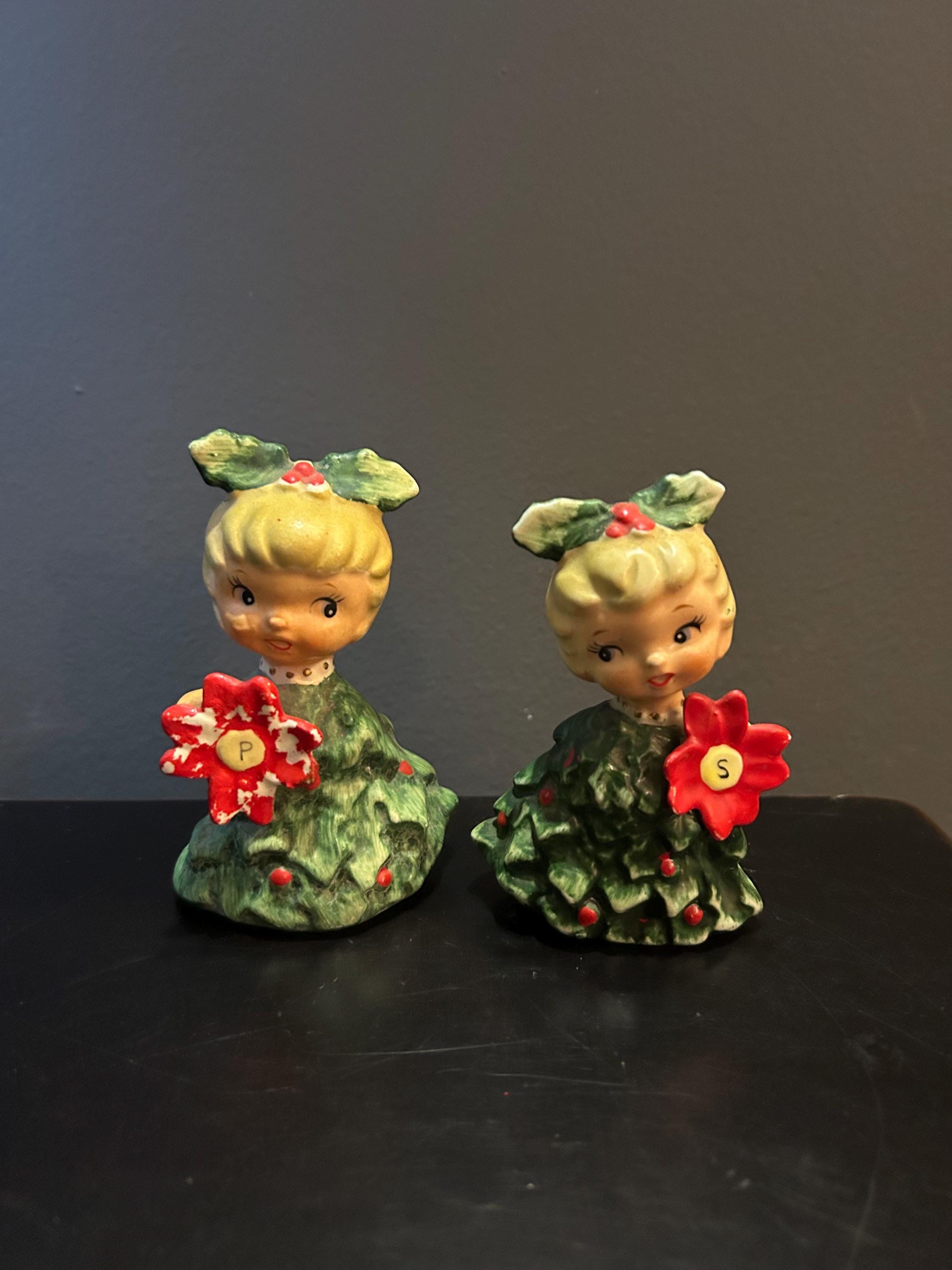 Vintage Holt Howard Holly Girls Poinsettia Salt and Pepper Shakers