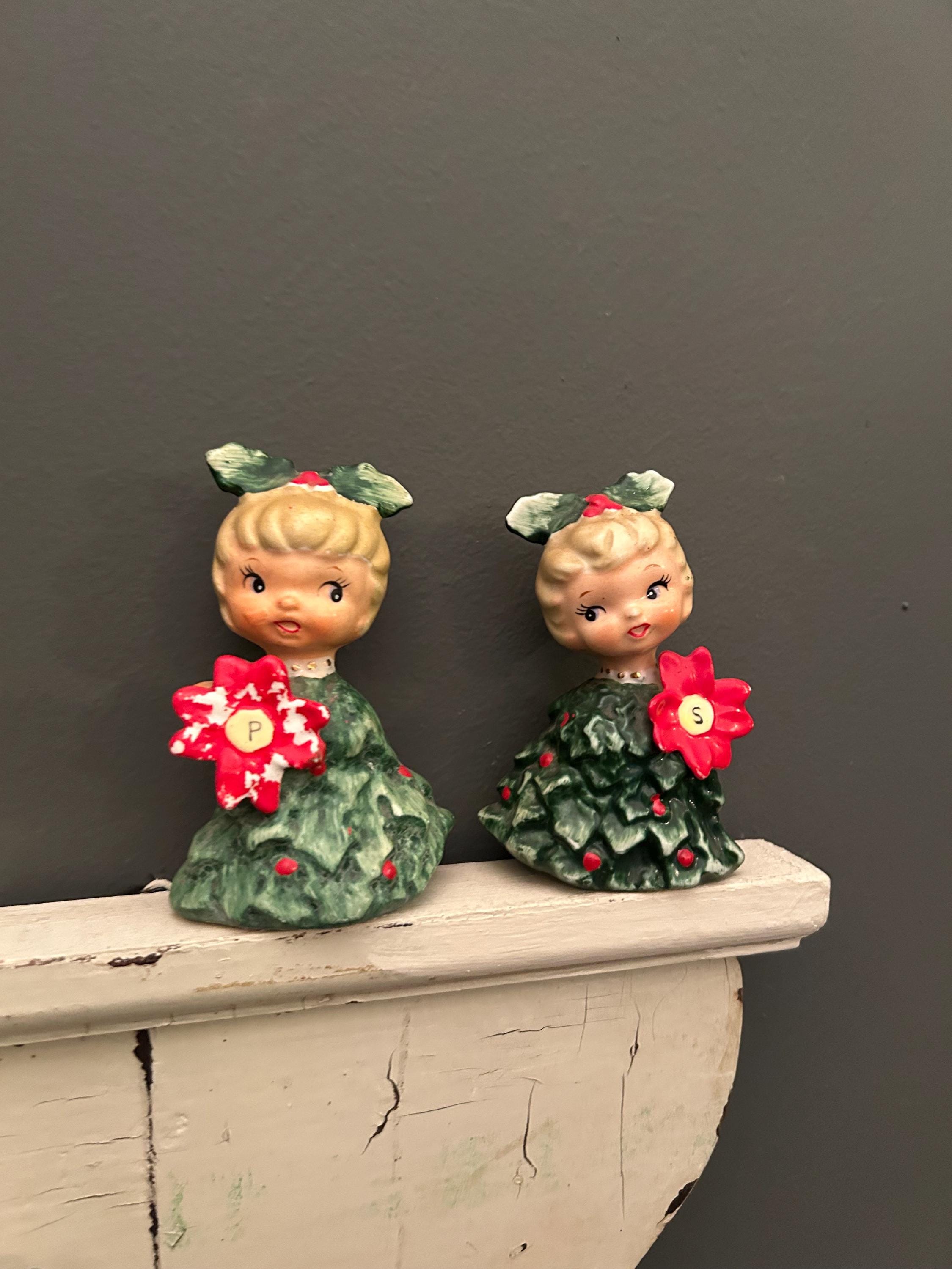 Vintage Holt Howard Holly Girls Poinsettia Salt and Pepper Shakers