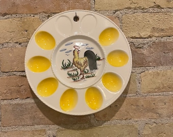 Bandeja de cerámica vintage para huevos rellenos con forma de gallo, estilo kitsch de los años 50